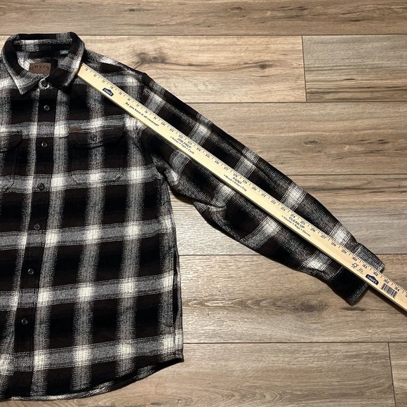 Men's Orvis Button Up Plaid Flannel Shirt LARGE Brown Black Pockets Shacket - Picture 9 of 12